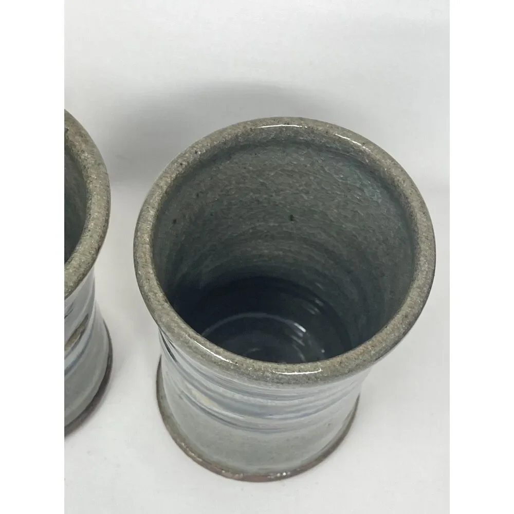 Pottery Air Plant/Vase/Mug Cup Ceramic Clay Handmade Blue Grey Set of 2 Signed.